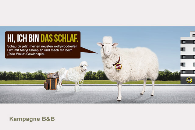 Für Printwerbung und Spots für B&B wurden zahme Schafe eingesetzt. Siehe auch bei Youtube unter Das Schlaf.